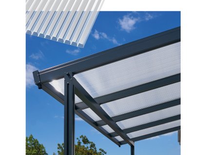 Hliníková pergola Terrassendach Premium 3,09 x 3,06 m - číry polykarbonát s pruhmi/antracit
